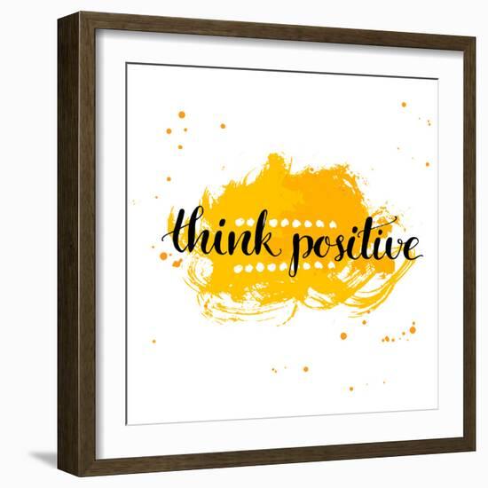 Modern Calligraphy Inspirational Quote - Think Positive - at Yellow Watercolor Background.-kotoko-Framed Premium Giclee Print