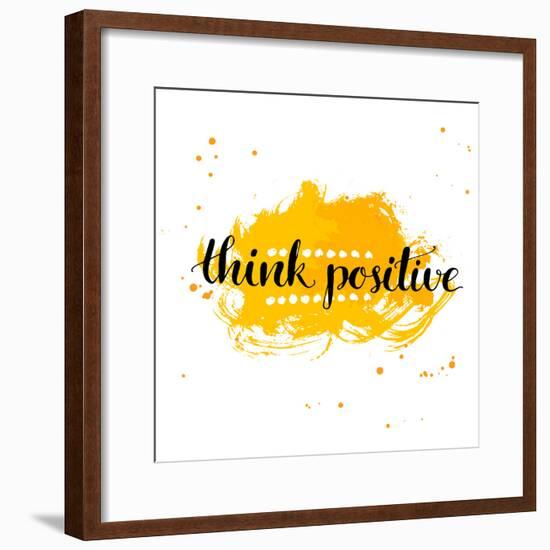 Modern Calligraphy Inspirational Quote - Think Positive - at Yellow Watercolor Background.-kotoko-Framed Premium Giclee Print