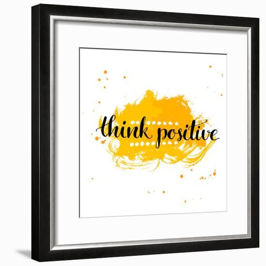 Modern Calligraphy Inspirational Quote - Think Positive - at Yellow Watercolor Background.-kotoko-Framed Premium Giclee Print