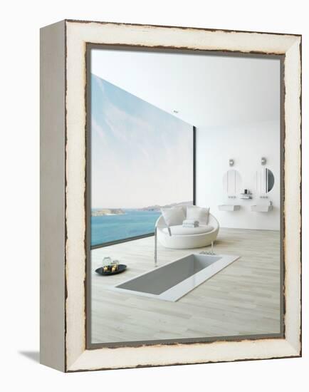 Modern Floor Bathtub Against Huge Window with Seascape View-PlusONE-Framed Premier Image Canvas