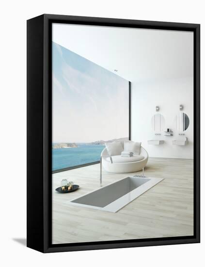 Modern Floor Bathtub Against Huge Window with Seascape View-PlusONE-Framed Premier Image Canvas