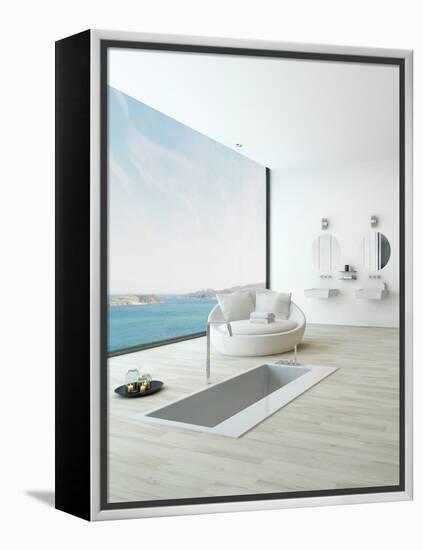 Modern Floor Bathtub Against Huge Window with Seascape View-PlusONE-Framed Premier Image Canvas