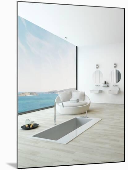 Modern Floor Bathtub Against Huge Window with Seascape View-PlusONE-Mounted Premium Photographic Print