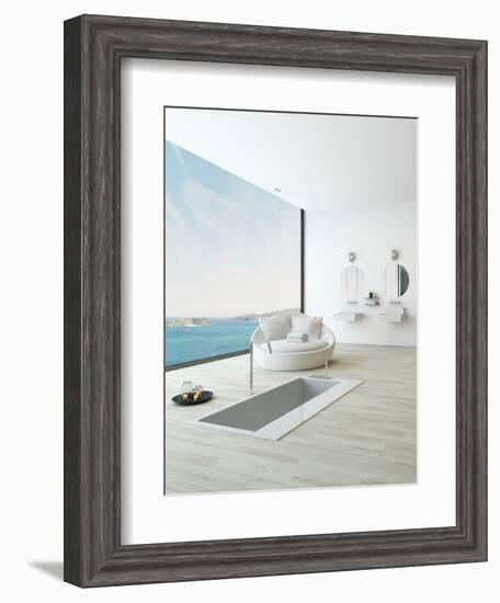 Modern Floor Bathtub Against Huge Window with Seascape View-PlusONE-Framed Photographic Print