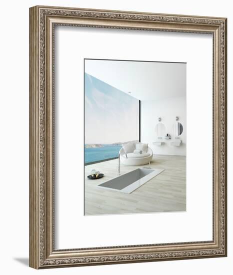 Modern Floor Bathtub Against Huge Window with Seascape View-PlusONE-Framed Photographic Print