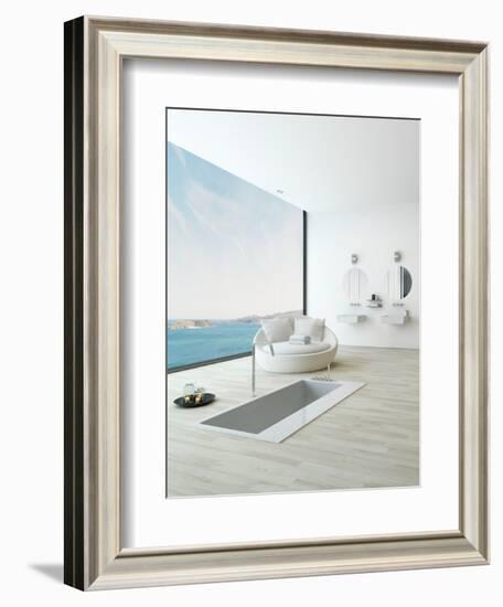 Modern Floor Bathtub Against Huge Window with Seascape View-PlusONE-Framed Photographic Print