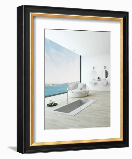 Modern Floor Bathtub Against Huge Window with Seascape View-PlusONE-Framed Photographic Print