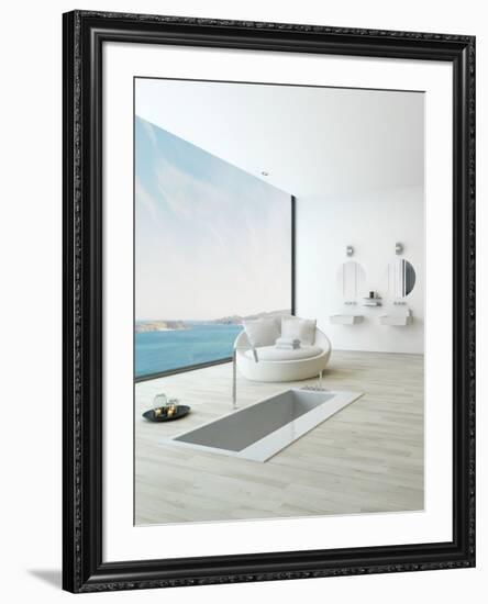 Modern Floor Bathtub Against Huge Window with Seascape View-PlusONE-Framed Photographic Print