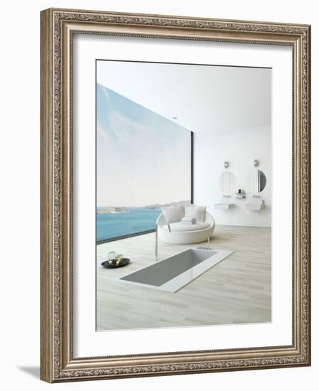 Modern Floor Bathtub Against Huge Window with Seascape View-PlusONE-Framed Photographic Print