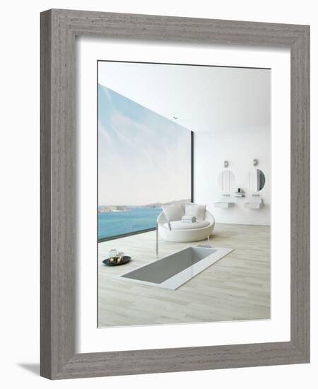 Modern Floor Bathtub Against Huge Window with Seascape View-PlusONE-Framed Photographic Print