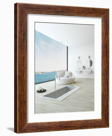 Modern Floor Bathtub Against Huge Window with Seascape View-PlusONE-Framed Photographic Print