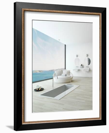 Modern Floor Bathtub Against Huge Window with Seascape View-PlusONE-Framed Photographic Print