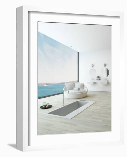 Modern Floor Bathtub Against Huge Window with Seascape View-PlusONE-Framed Photographic Print