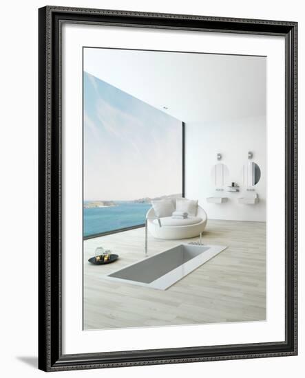 Modern Floor Bathtub Against Huge Window with Seascape View-PlusONE-Framed Photographic Print