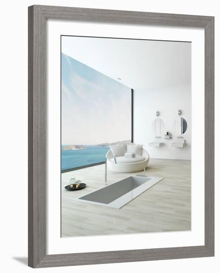 Modern Floor Bathtub Against Huge Window with Seascape View-PlusONE-Framed Photographic Print