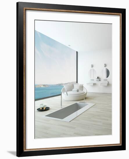 Modern Floor Bathtub Against Huge Window with Seascape View-PlusONE-Framed Photographic Print