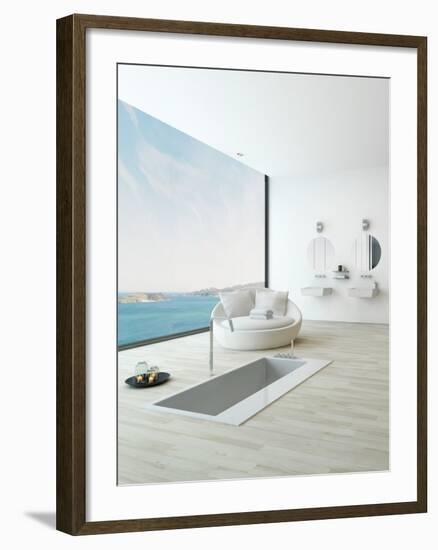 Modern Floor Bathtub Against Huge Window with Seascape View-PlusONE-Framed Photographic Print