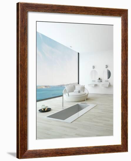 Modern Floor Bathtub Against Huge Window with Seascape View-PlusONE-Framed Photographic Print