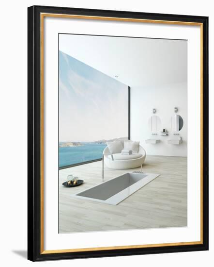 Modern Floor Bathtub Against Huge Window with Seascape View-PlusONE-Framed Photographic Print