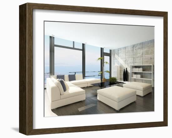 Modern Living Room with Huge Windows and Concrete Stone Wall-PlusONE-Framed Photographic Print