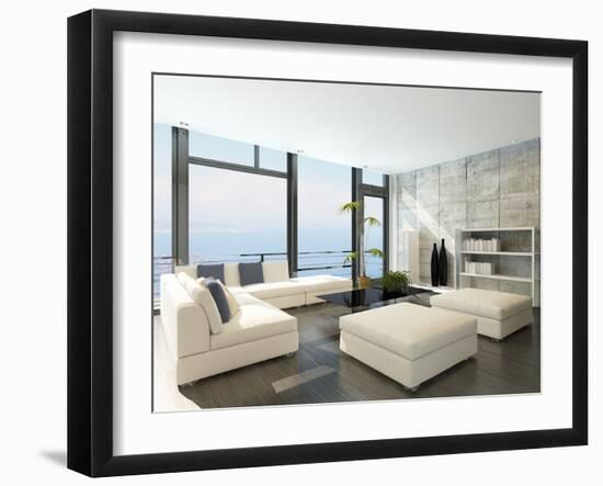 Modern Living Room with Huge Windows and Concrete Stone Wall-PlusONE-Framed Photographic Print