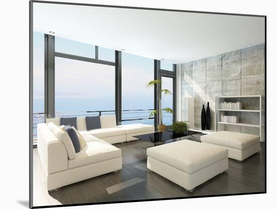 Modern Living Room with Huge Windows and Concrete Stone Wall-PlusONE-Mounted Photographic Print