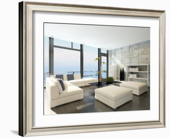 Modern Living Room with Huge Windows and Concrete Stone Wall-PlusONE-Framed Photographic Print