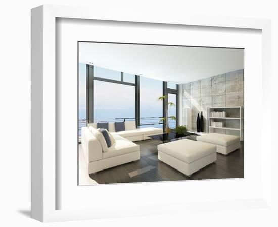 Modern Living Room with Huge Windows and Concrete Stone Wall-PlusONE-Framed Photographic Print