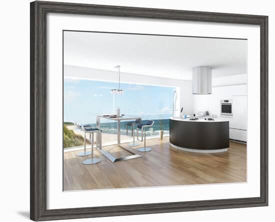 Modern Luxury Kitchen Interior with Fantastic Seascape View-PlusONE-Framed Photographic Print
