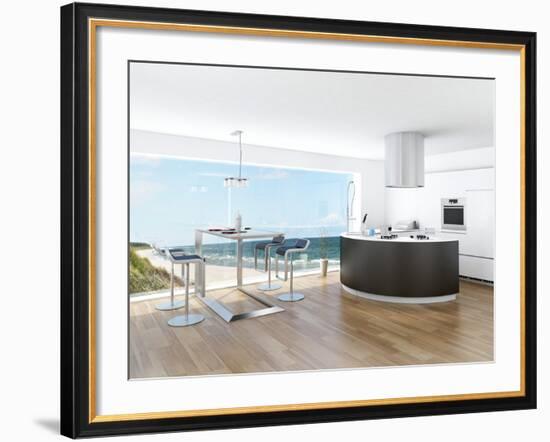 Modern Luxury Kitchen Interior with Fantastic Seascape View-PlusONE-Framed Photographic Print