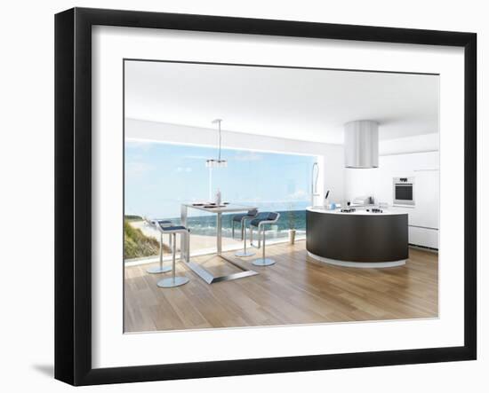 Modern Luxury Kitchen Interior with Fantastic Seascape View-PlusONE-Framed Photographic Print