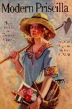 Young Grils Has a Hoe and a Gardening Basket-Modern Priscilla-Mounted Art Print