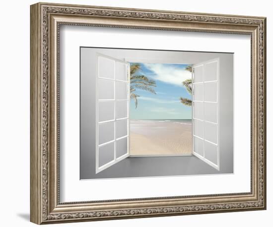 Modern Residential Window Open and Beach with Palm Trees Behind-ilker canikligil-Framed Art Print