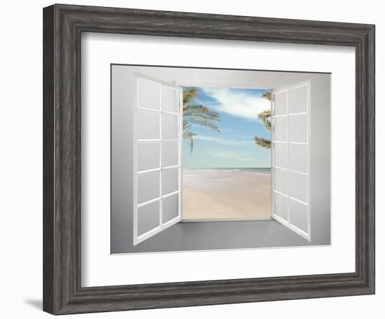 Modern Residential Window Open and Beach with Palm Trees Behind-ilker canikligil-Framed Art Print