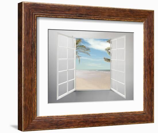 Modern Residential Window Open and Beach with Palm Trees Behind-ilker canikligil-Framed Art Print