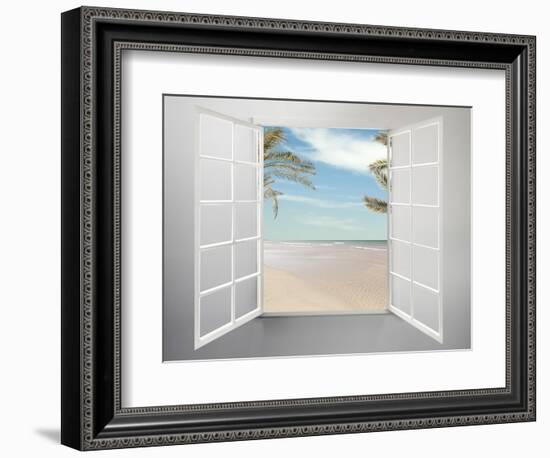 Modern Residential Window Open and Beach with Palm Trees Behind-ilker canikligil-Framed Art Print