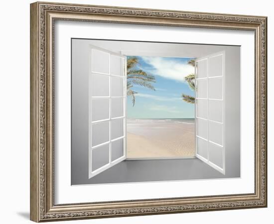 Modern Residential Window Open and Beach with Palm Trees Behind-ilker canikligil-Framed Art Print