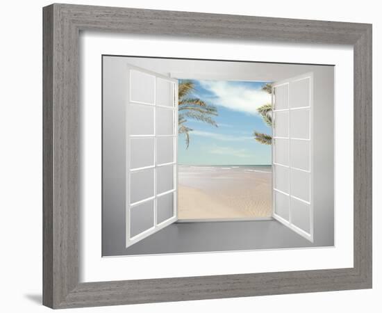 Modern Residential Window Open and Beach with Palm Trees Behind-ilker canikligil-Framed Art Print