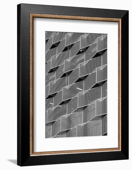 Modern Steel Cladding with Angular Geometric Patterns and Square Holes in a Shiny Metal-a40757-Framed Photographic Print