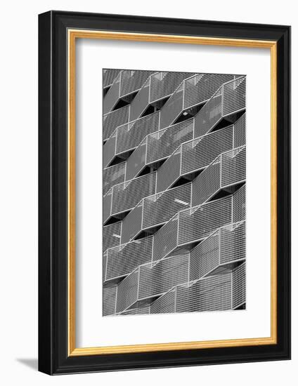 Modern Steel Cladding with Angular Geometric Patterns and Square Holes in a Shiny Metal-a40757-Framed Photographic Print