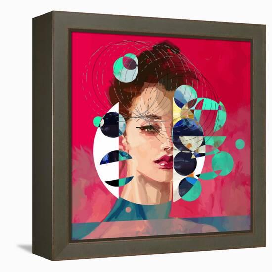 Modern Style Portrait of a Lady with Red Background and Circles-A Frants-Framed Stretched Canvas