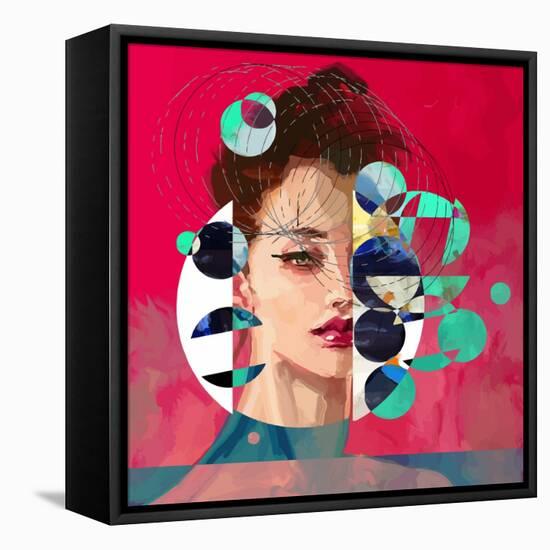 Modern Style Portrait of a Lady with Red Background and Circles-A Frants-Framed Stretched Canvas