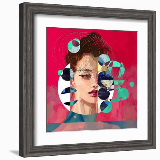 Modern Style Portrait of a Lady with Red Background and Circles-A Frants-Framed Art Print