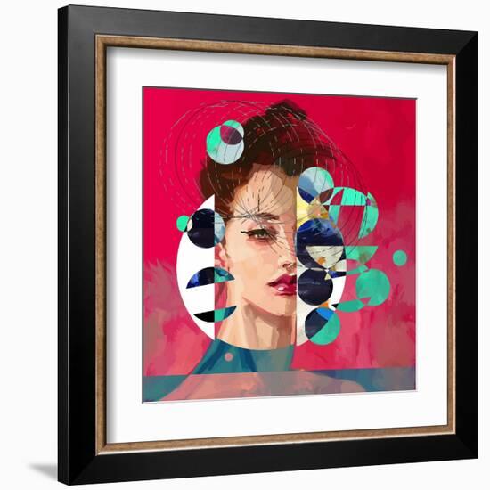 Modern Style Portrait of a Lady with Red Background and Circles-A Frants-Framed Art Print