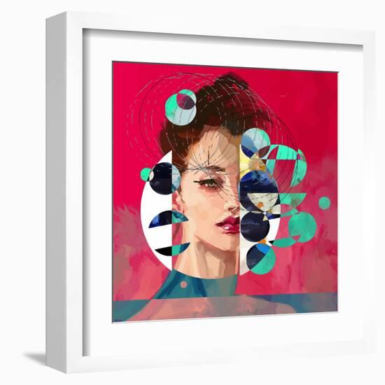 Modern Style Portrait of a Lady with Red Background and Circles-A Frants-Framed Art Print