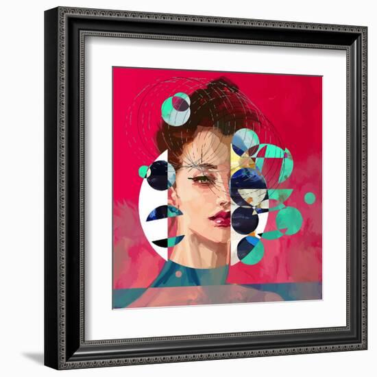 Modern Style Portrait of a Lady with Red Background and Circles-A Frants-Framed Art Print