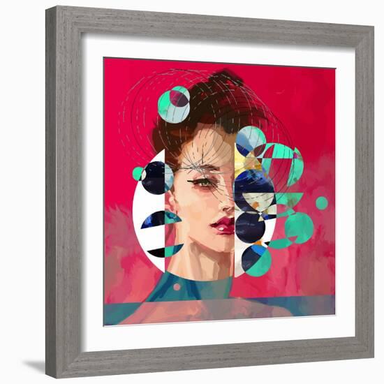 Modern Style Portrait of a Lady with Red Background and Circles-A Frants-Framed Art Print