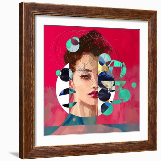 Modern Style Portrait of a Lady with Red Background and Circles-A Frants-Framed Art Print