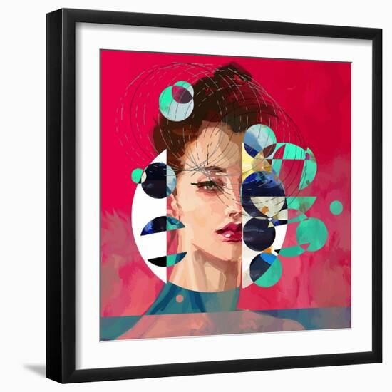 Modern Style Portrait of a Lady with Red Background and Circles-A Frants-Framed Art Print