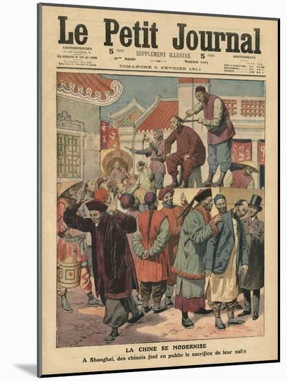 Modernisation of China, Chinese Having their Pigtail Cut Off in Shanghai-French School-Mounted Giclee Print